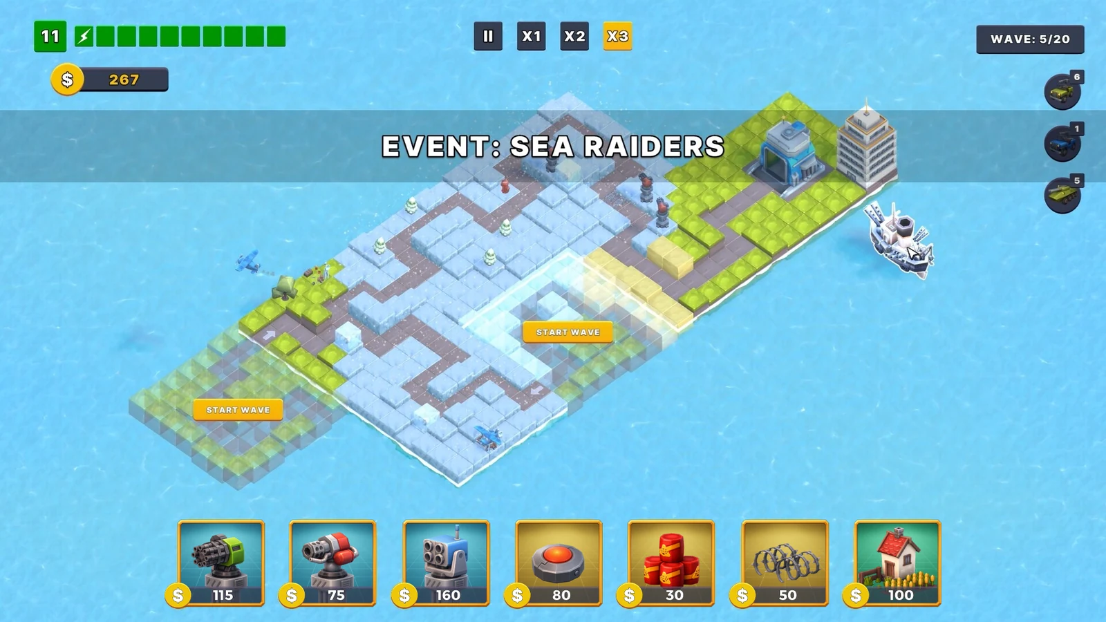 Expand TD battle with several tower types attacking multiple enemy groups on an expanded island