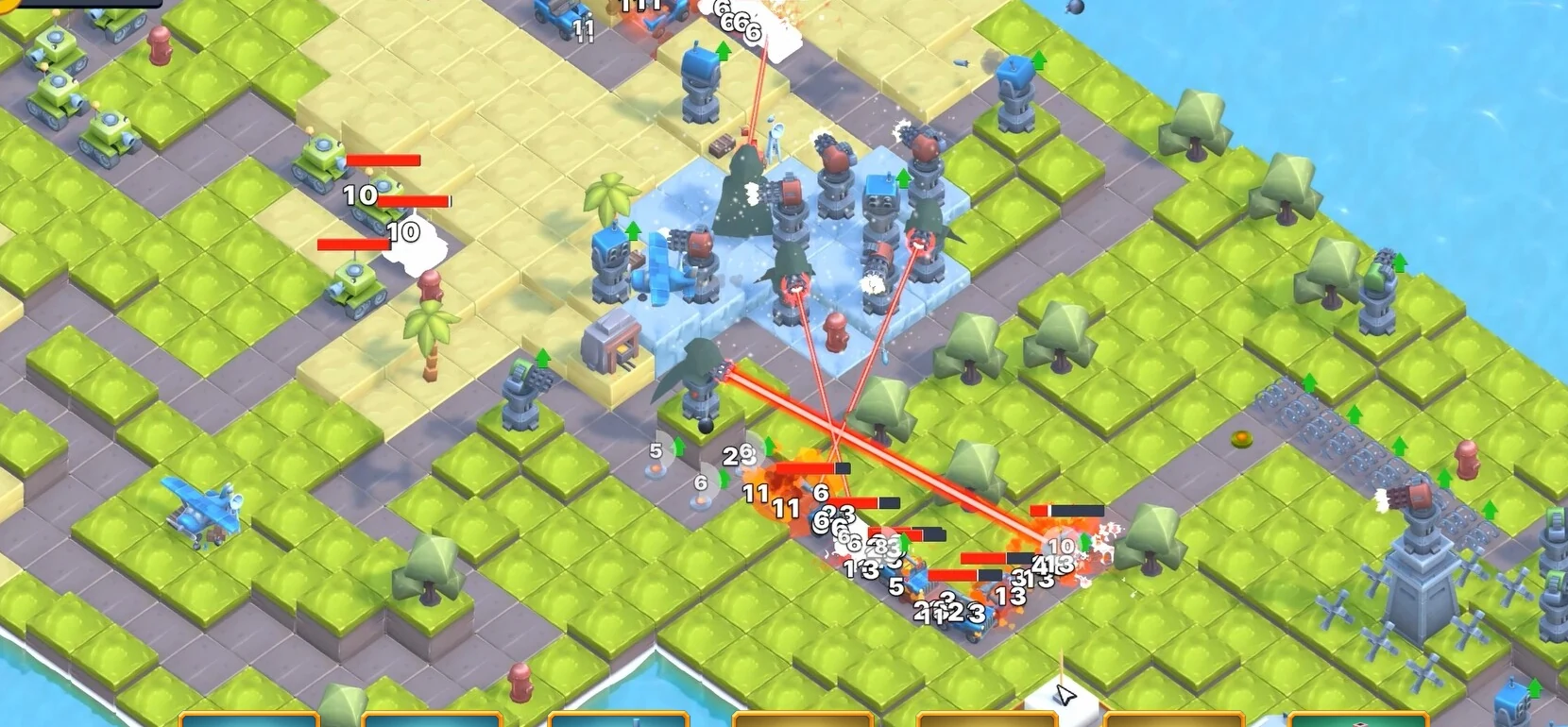 Expand TD gameplay showing multiple towers defending the base on a larger map