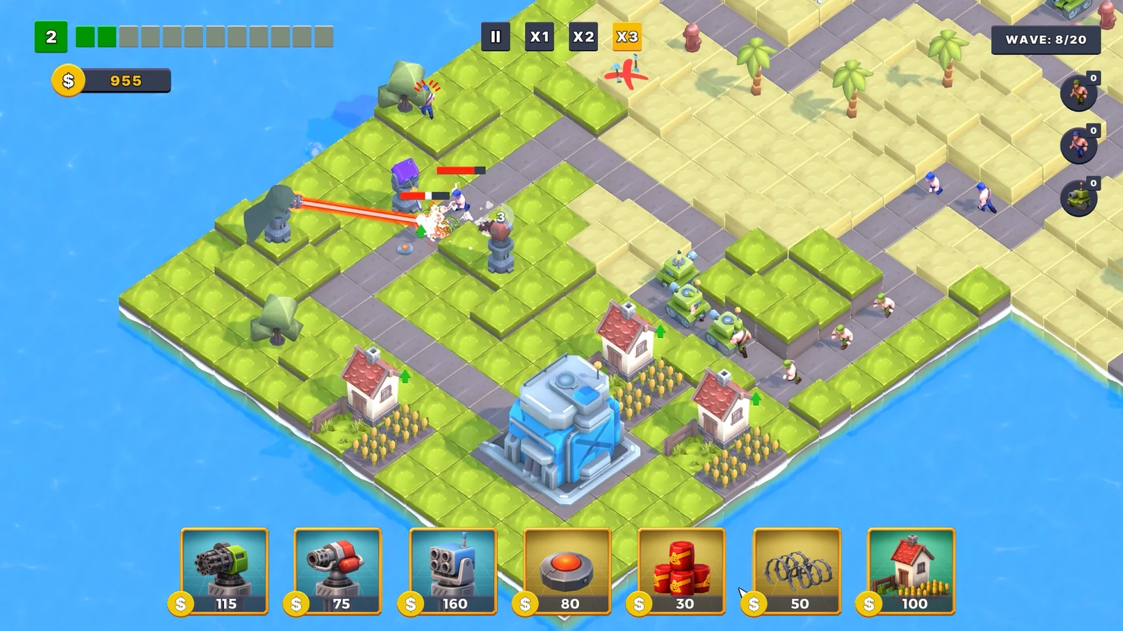 Expand TD gameplay showing an established base, income-producing houses and towers defending winding paths
