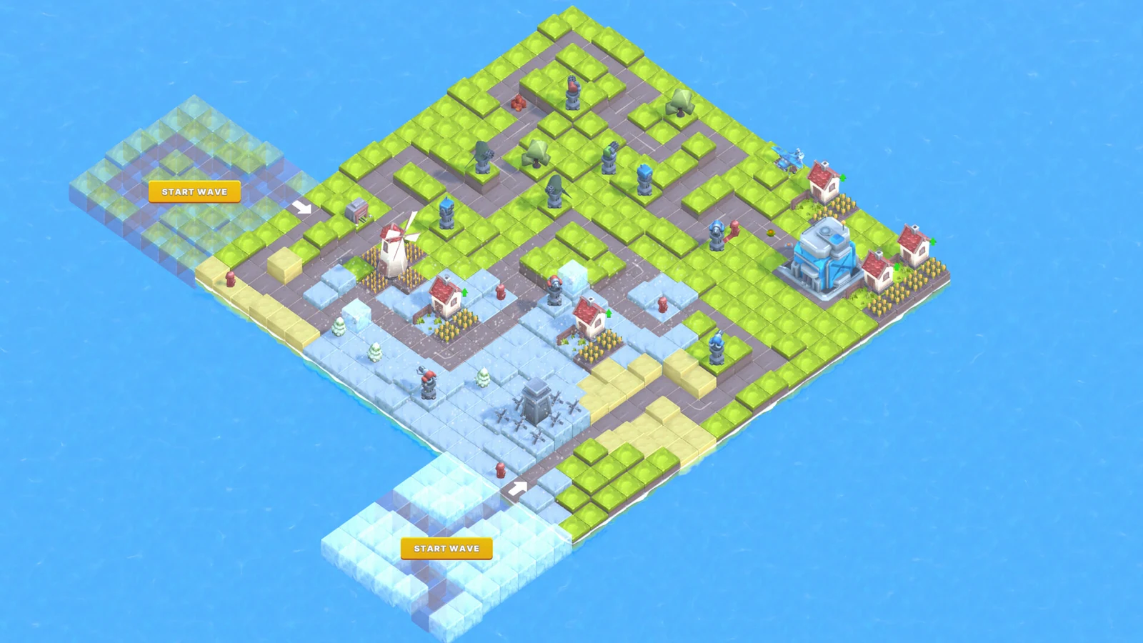 A small Expand TD map with two transparent exploration areas that can be expanded between waves