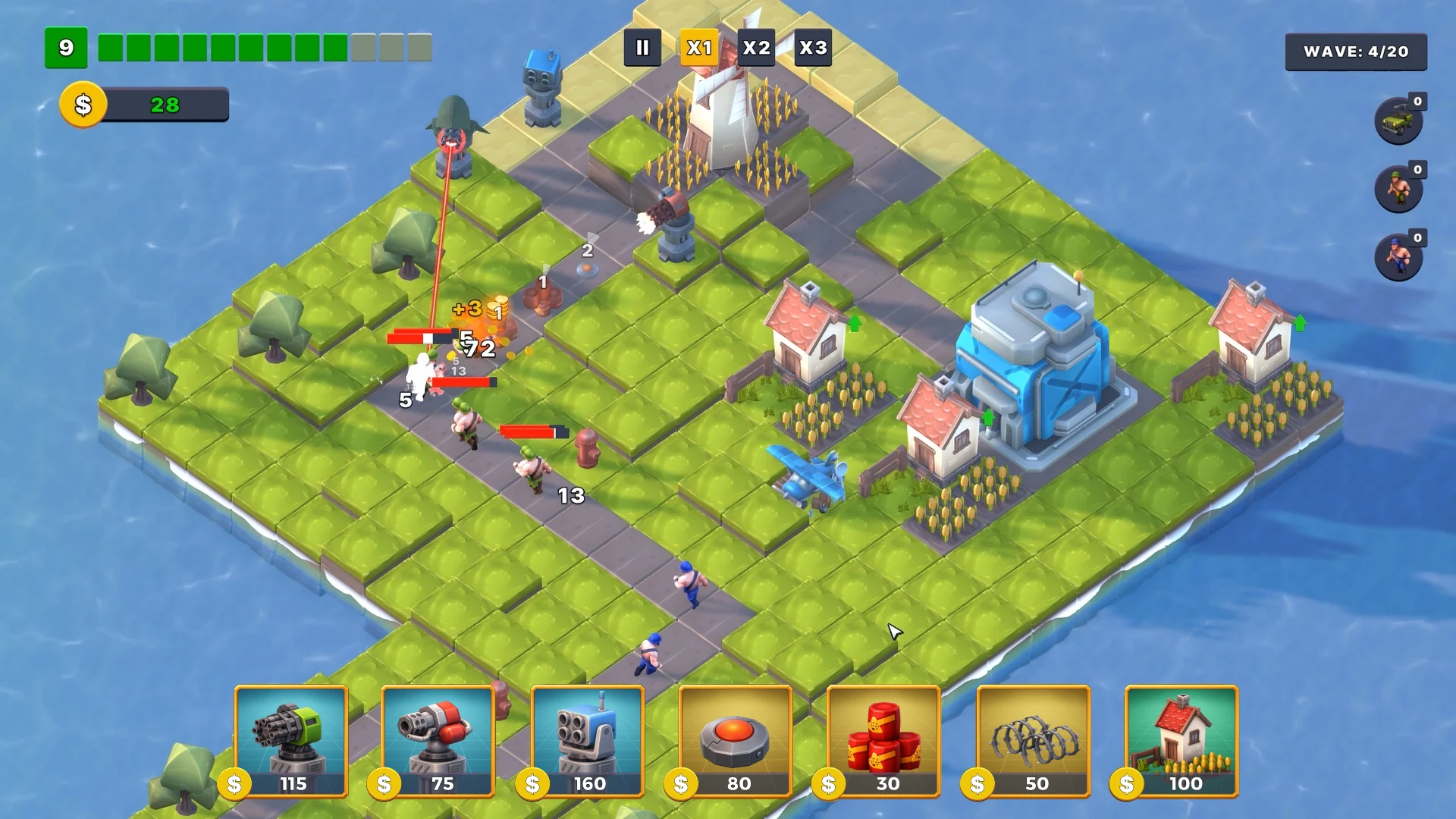 Expand TD gameplay showing towers, enemies and defensive structures around the main base