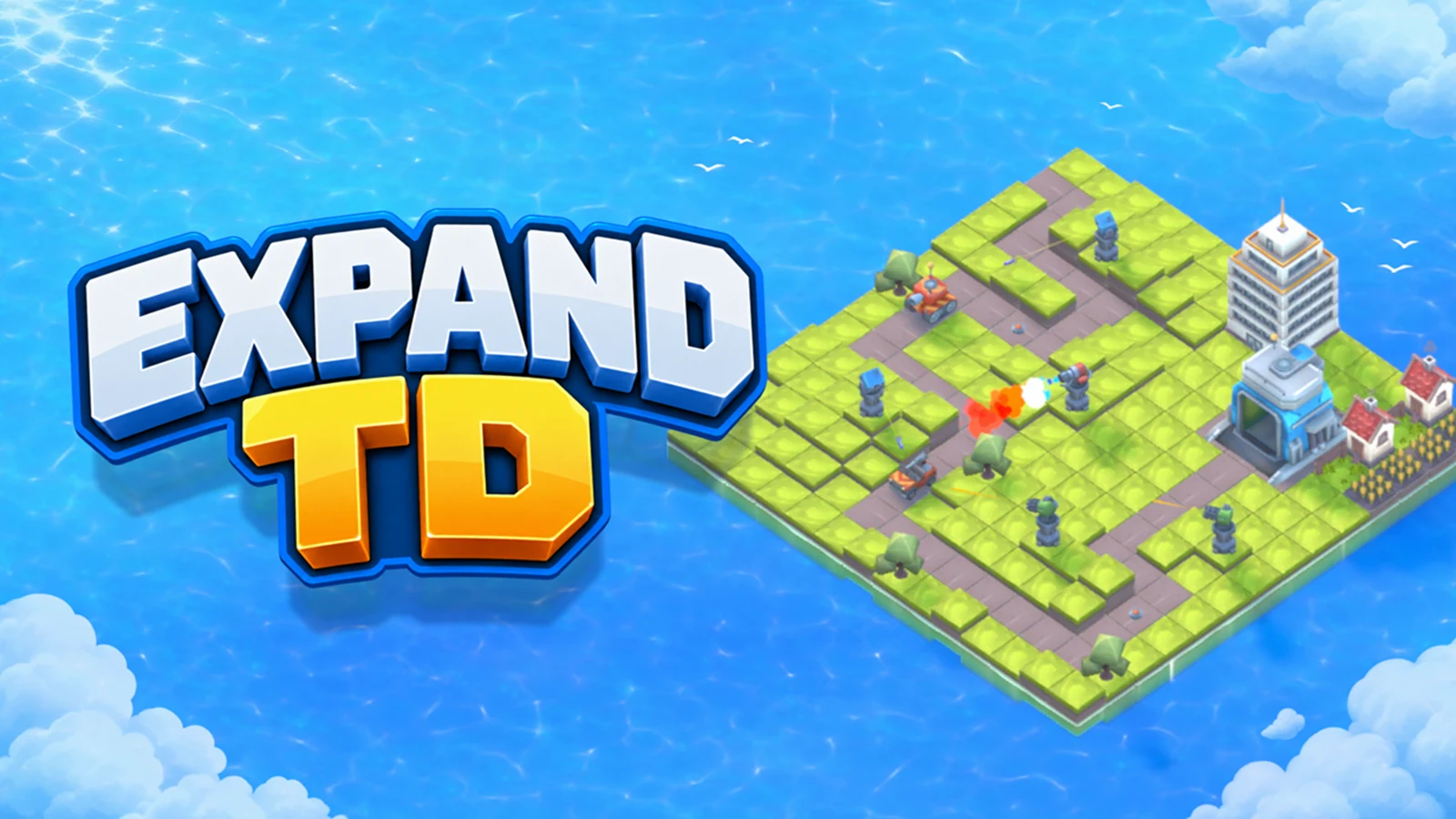 Official Expand TD artwork featuring the logo and an isometric green island surrounded by blue water